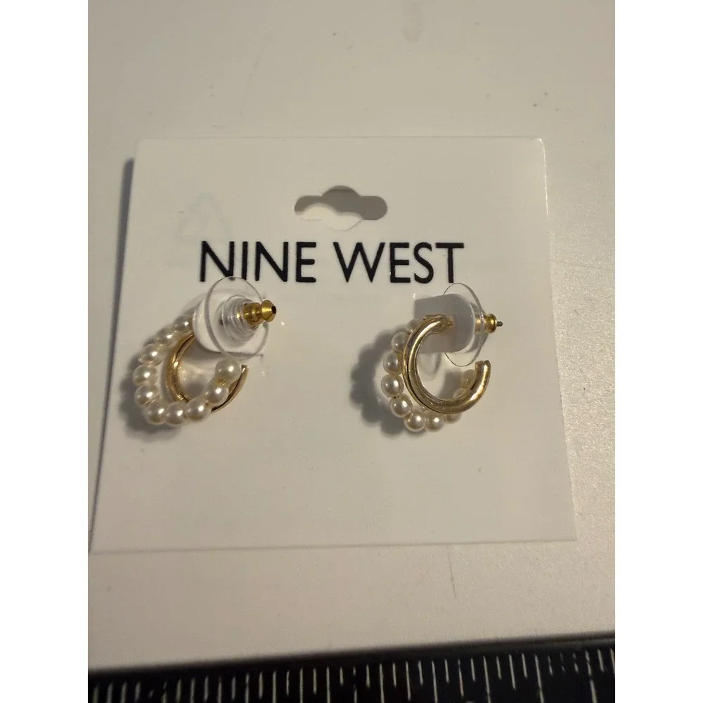 Nine West Gold Tone Faux Pearl Double Row Hoop Earrings New 60569848